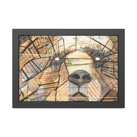 Vibrant geometric bear mural on urban wall, showcasing abstract street art style.