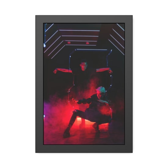 Fashionable individuals pose in a futuristic, neon-lit, cyberpunk setting with dramatic lighting and smoke.