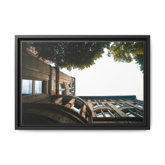 Low angle shot of classic architectural building framed by trees against clear sky.