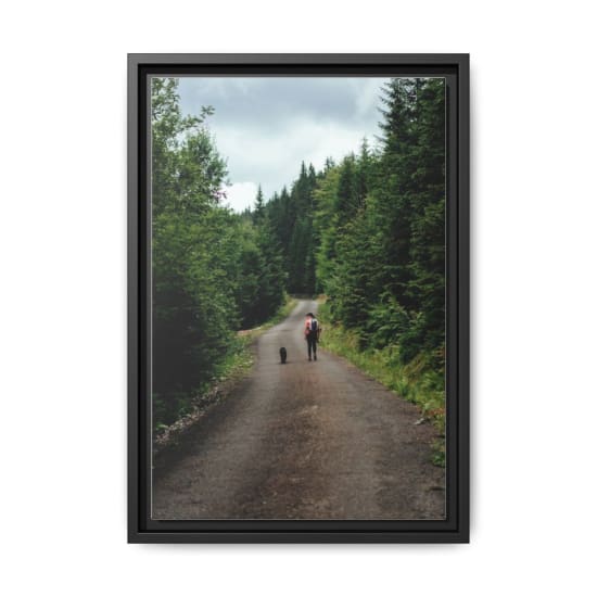 A woman hiking with her dog on a forest trail in Lower Silesian Voivodeship, Poland.