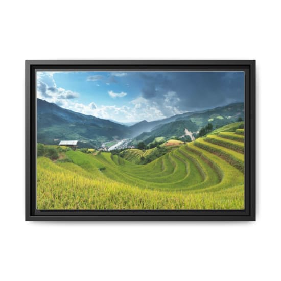 Scenic view of verdant terraced fields nestled in rolling hills beneath a dramatic sky.