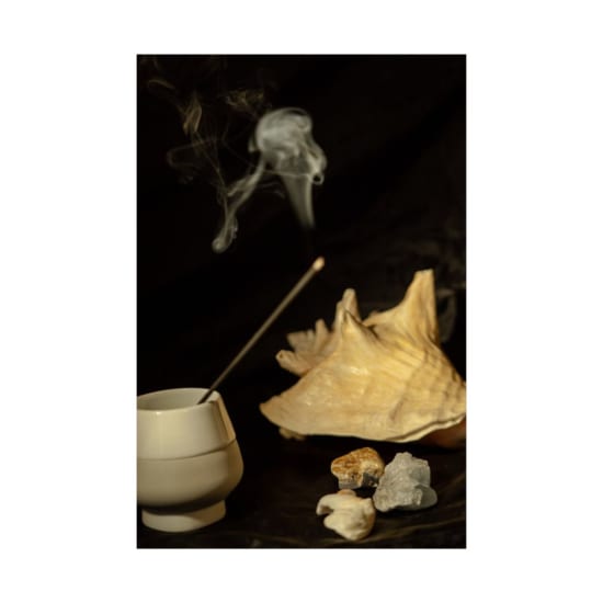A serene still life featuring a burning incense stick, seashells, and crystals against a dark background.