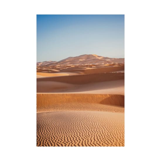 Captivating view of the vast sand dunes in the Merzouga Desert, Morocco, under a clear blue sky.