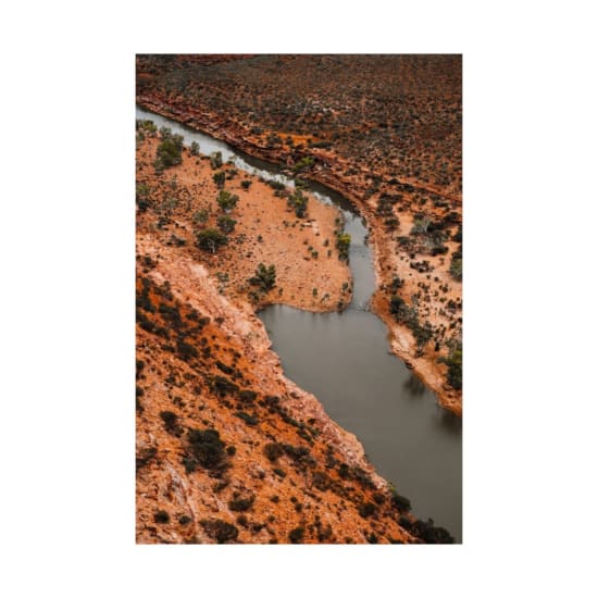 Stunning aerial view of a winding river cutting through a rugged desert landscape with sparse vegetation.