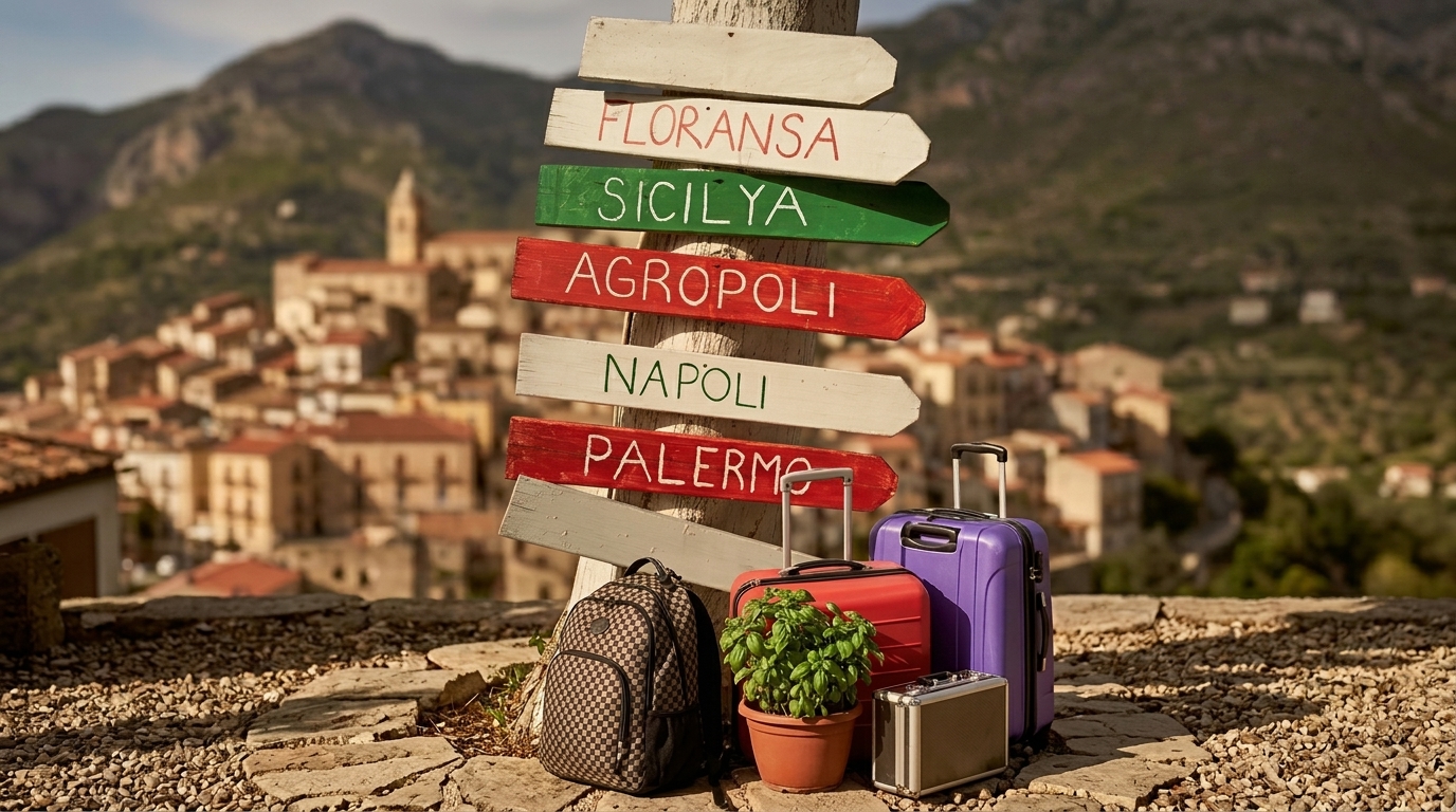 Wooden signposts pointing to Italian leisure destinations (Floransa, Sicilya, Agropoli, Napoli, Palermo) above a Mediterranean hilltop town, with travel luggage and a basil plant in the foreground.