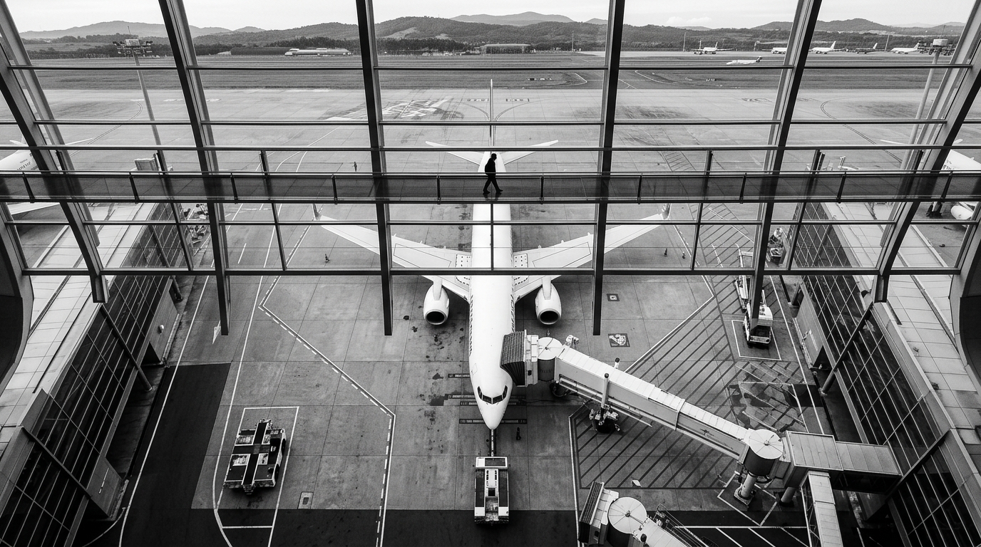 Aerial black-and-white view of a parked passenger aircraft at an airport gate with jet bridge connected, viewed through the structural framing of a terminal observation deck.