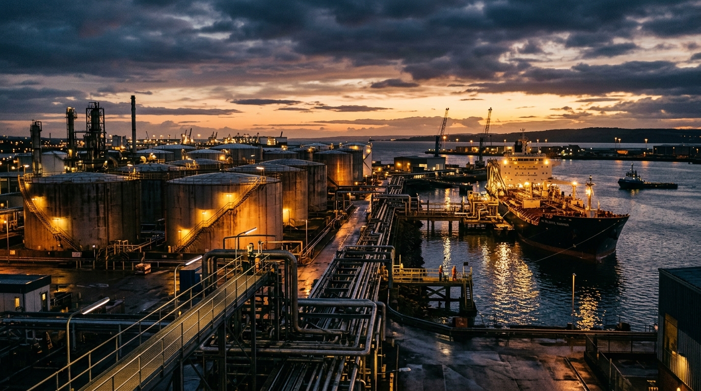 Oil terminal at twilight showing storage tanks, pipework infrastructure, and a tanker docked at port with a tug boat alongside on calm water.