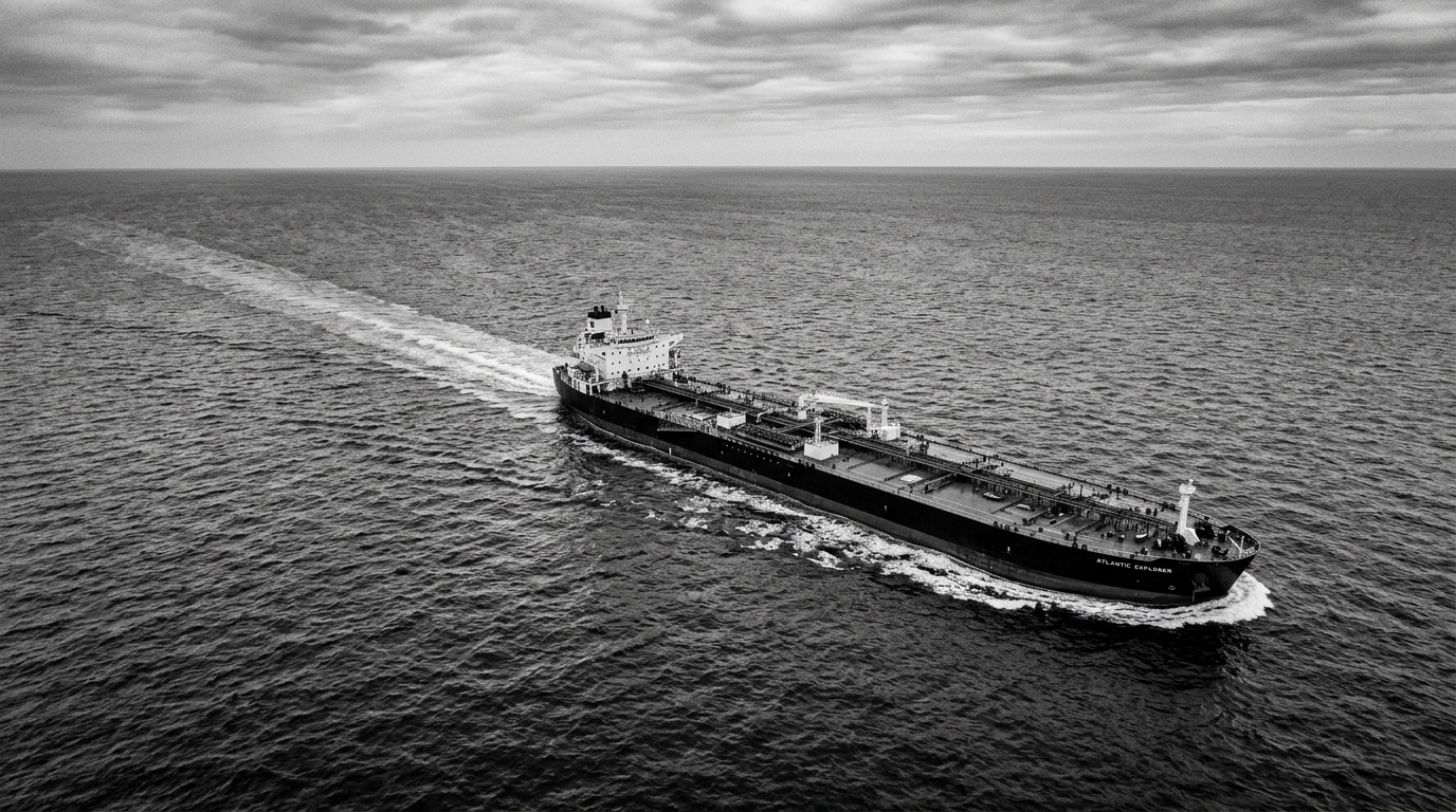 Aerial black-and-white view of an oil tanker named Atlantic Explorer underway across open ocean, leaving a wake that stretches to the horizon.