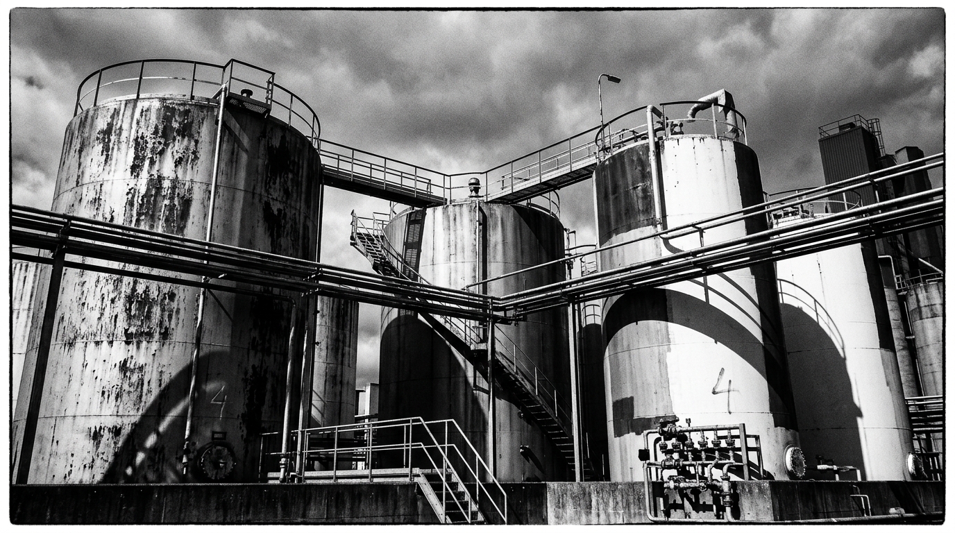 Black-and-white industrial composition of an oil storage tank farm with weathered tanks, connecting pipework, and stairways under a dramatic cloudy sky.
