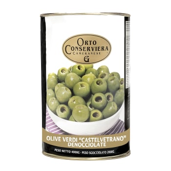 Pitted Olive Nocellare di Castelvetrano (Sicilianske grønne oliven uten stein) 4kg tin , Ortoconserv