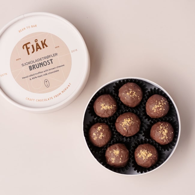 UTGÅTT Brunost Sjokoladetrøfler gaveeske 115g, Fjåk
