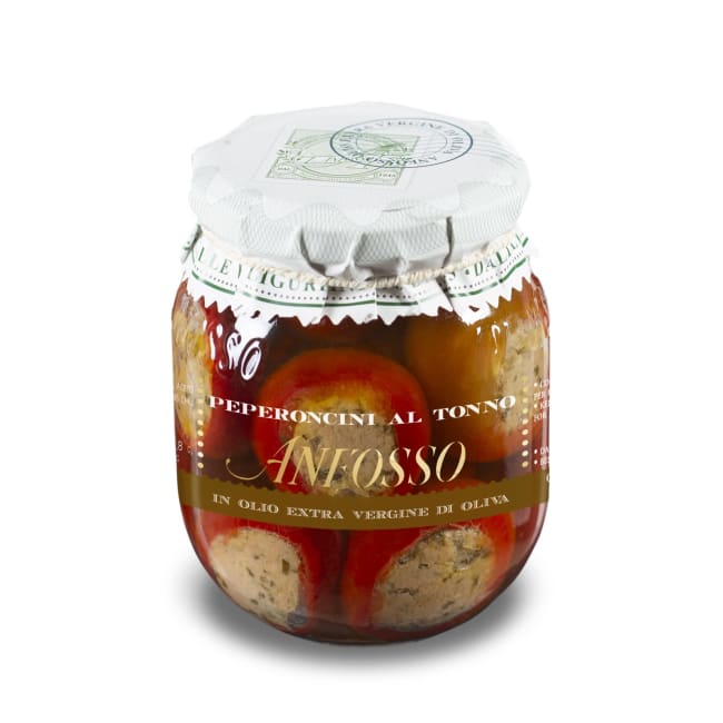 Peperoncino Farciti Piccanti in olio 280g (Tunfisk fylte chillier på olje), Anfosso