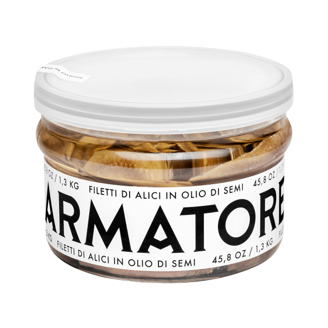 Filetti di Alici olio d’oliva 1,3kg glass (ansjos i Olivenolje), Armatore
