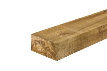 angled side view of 125mm x 200mm green treated garden railway sleeper