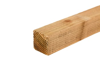 angled view of 3x3 brown treated square top fence post