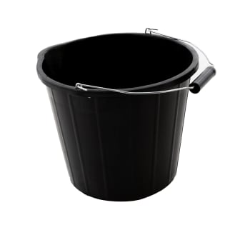 angled view of 3 gallon black plastic bucket
