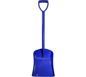 angled view of faithfull blue plastic shovel