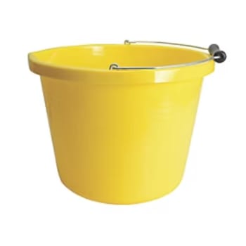 angled view of 3 gallon yellow plastic bucket