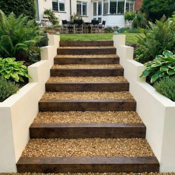 brown treated garden railway sleeper steps