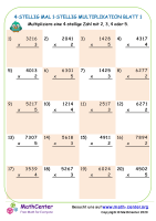 4-Stellig Mal 1-Stellig Multiplikation Blatt 1