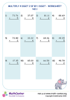 Multiply 4 digit 2 dp by 1 digit - worksheet no.1