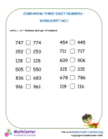 Comparing Three Digit Numbers – Worksheet No.1