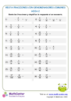 Restar fracciones con comunes denominadores - Hoja 2A
