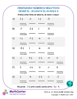 Ordenando Números Negativos Desde El -10 Hasta El 10 Hoja 4