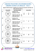 Sumar fracciones con denominadores comunes (círculos)- Hoja 1
