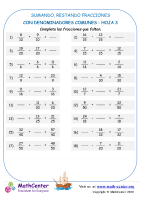 Sumar y restar fracciones (como denominadores) - Hoja 3