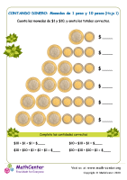 Contando Dinero (México): 10 Peso Y 1 Peso Monedas Hoja 1