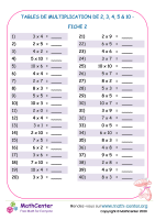 Tables de multiplication de 2, 3, 4, 5 & 10 fiche 2