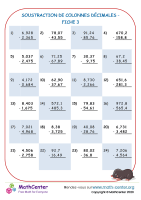 Soustraction de colonnes décimales fiche 3