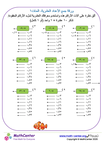 جمع الأعداد العشرية- كسور المئات ورقة ١