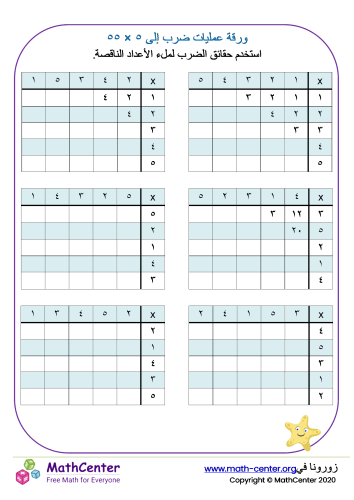 ورقة عمليات ضرب إلى ٥ × ٥ ٥