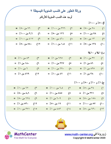 ورقة العثور على النسب المئوية البسيطة ٢