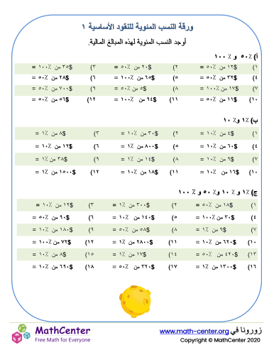 ورقة النسب المئوية للنقود الأساسية ١