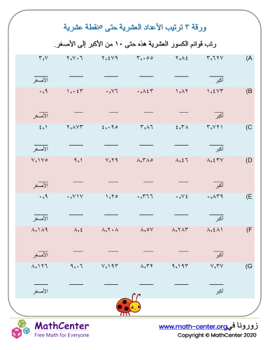 ورقة ترتيب الأعداد العشرية حتى ٣نقطة عشرية ورقة ٥