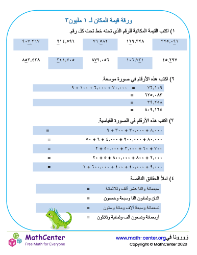 ورقة قيمة المكان لـ ١ مليون ٣