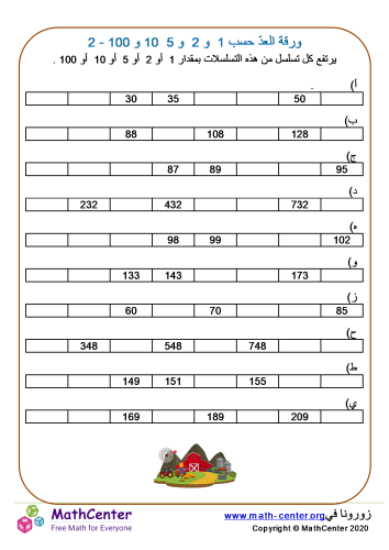 ورقة العدّ حسب 1 s و 2 s و 5 s 10 و 100 s 2