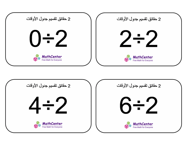 بطاقات حقائق جدول قسمة الرقم 2 مع إجابات