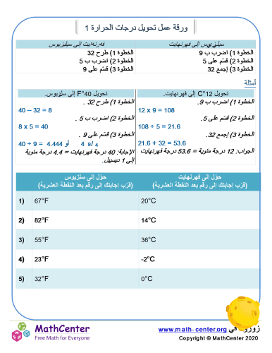 ورقة عمل تحويل درجات الحرارة 1