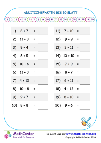 Additionsfakten Bis 20 Blatt 1 | Arbeitsblätter | Math Center