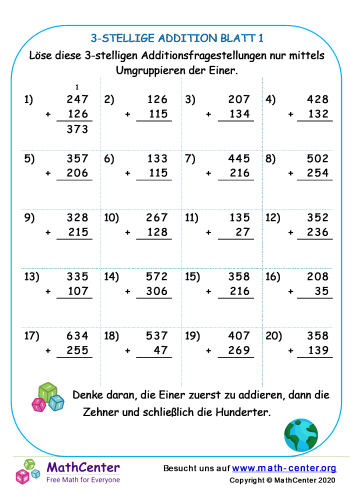 3-Stellige Addition Blatt 1