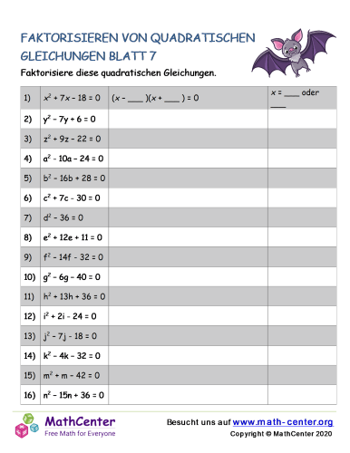Lehre Von Den Math Gleichungen Kreuzworträtsel Faktorisieren Von Quadratischen Gleichungen Blatt 7 | Arbeitsblätter