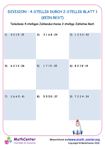 Division - 4-Stellig Durch 2-Stellig Blatt 1 (Kein Rest)