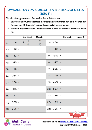 Brüche In Dezimalzahlen Umwandeln übungen Mit Lösungen Umwandeln Von Gemischten Dezimalzahlen In Brüche 1 | Arbeitsblätter