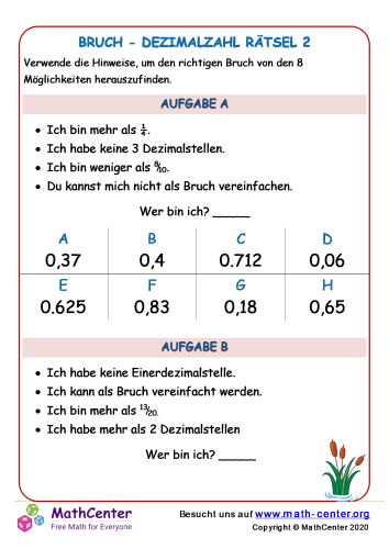 Umwandlung Dezimalzahl In Bruch übungen Bruch - Dezimalzahl Rätsel 2 | Arbeitsblätter | Math Center