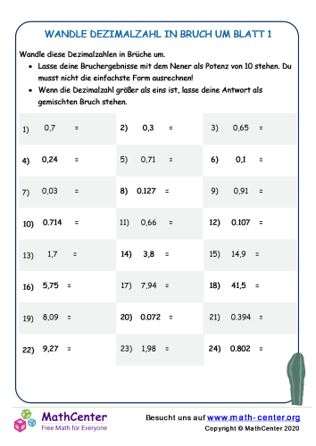 Periodische Dezimalzahlen In Bruch Umwandeln Dritte Klasse Arbeitsblätter: Umwandlung von Brüchen | Math Center