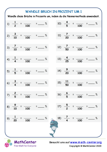 Bruch Dezimalzahl - Prozent Arbeitsblätter Mit Lösungen Wandle Bruch In Prozent Um 1 | Arbeitsblätter | Math Center